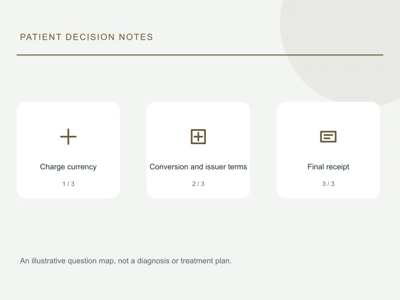 Decision map: Charge currency; Conversion and issuer terms; Final receipt