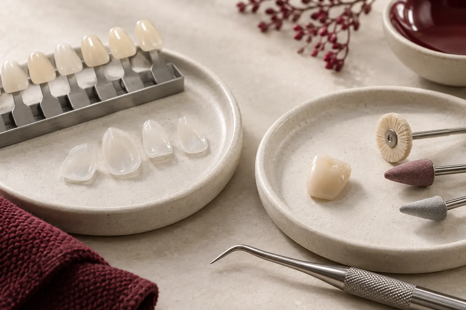 Illustrative porcelain-like veneer samples, shade guide and polishing instruments