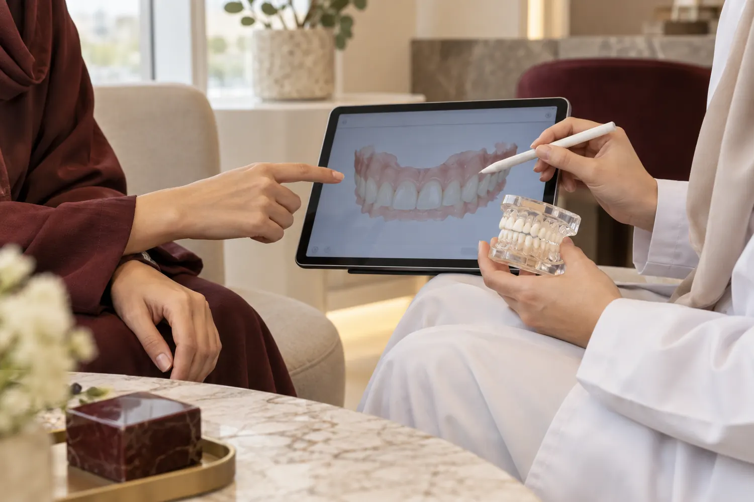 Illustrative patient and dental professional discussing a tooth model and digital scan